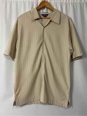 Vintage 90s Elliott Beige Pinstripe Short Sleeve Camp Shirt Mens Sz Large